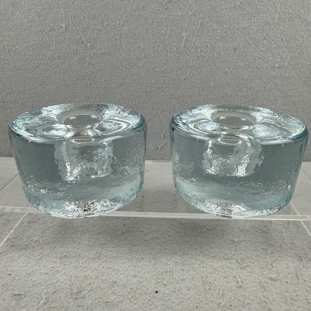 Blenko 990A Clear Glass Puck Candlestick Holders‎ Pair MCM Ice Glass